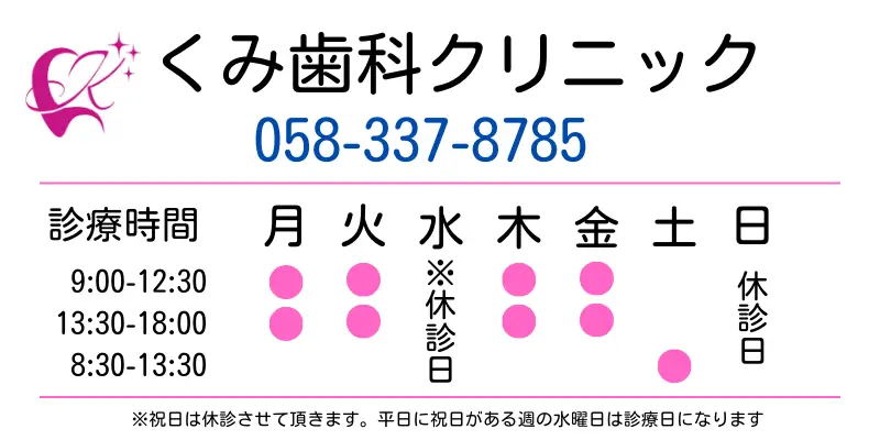 月火木金の9時から18時（12時30分から13時30分までお昼休み）、土曜日は8時30分から13時30分まで。ただし、祝日は休診、平日に祝日がある場合は水曜日は代わりに診療日になります。