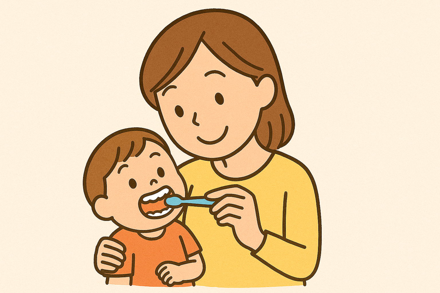 仕上げ磨きをする親子のイラスト