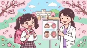 ランドセルを背負った女の子と女性歯科医師、桜の花びらが舞う入学前歯科検診のイラスト