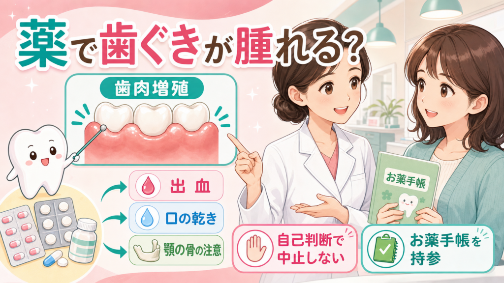 薬で歯ぐきが腫れること、出血・口の乾き・顎の骨の注意、お薬手帳持参をまとめた図