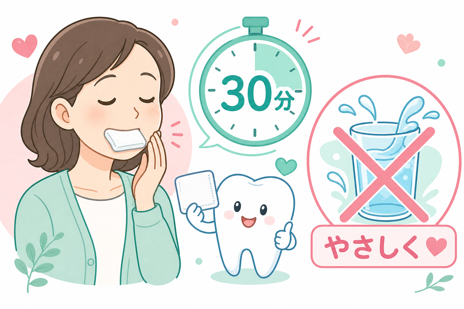 治療後のガーゼ圧迫と強いうがいを避けるイラスト