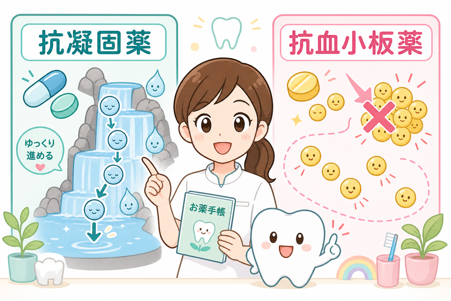 抗凝固薬と抗血小板薬の違いを示すかわいいイラスト