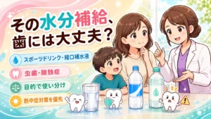スポーツドリンクと経口補水液を目的に合わせて選ぶ親子と女性歯科医師。虫歯・酸蝕症と熱中症対策を図解