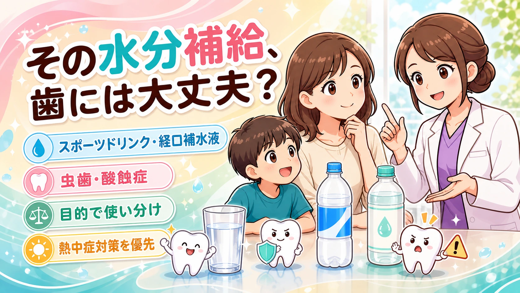 スポーツドリンクと経口補水液を目的に合わせて選ぶ親子と女性歯科医師。虫歯・酸蝕症と熱中症対策を図解