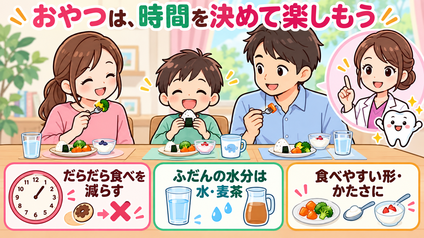 親子で食事を楽しみ、おやつの時間、水分補給、食べやすい形とかたさを整える