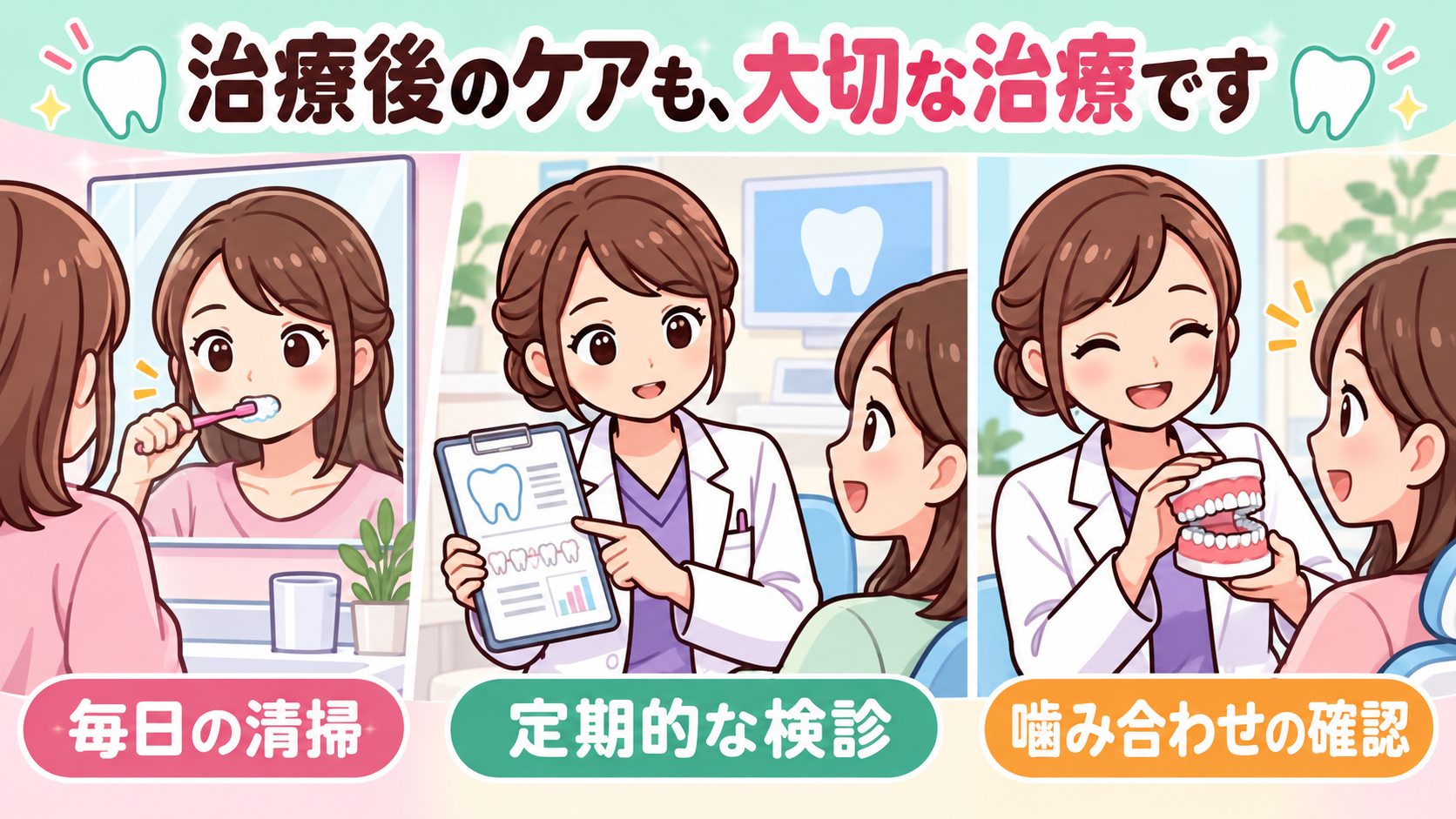 歯ブラシと歯間清掃、定期的な歯ぐき・噛み合わせの確認で支えるインプラントのケア