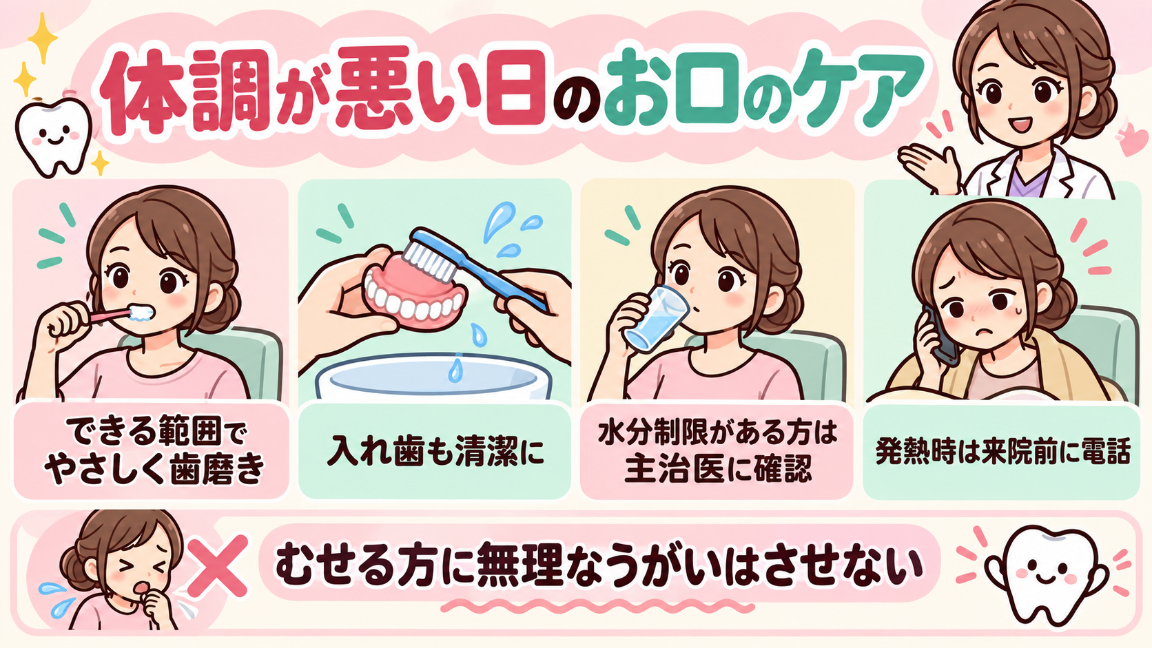 できる範囲でやさしく歯磨きし、入れ歯も清潔に。水分制限がある方は主治医に確認し、発熱時は来院前に電話。むせる方に無理なうがいはさせません。