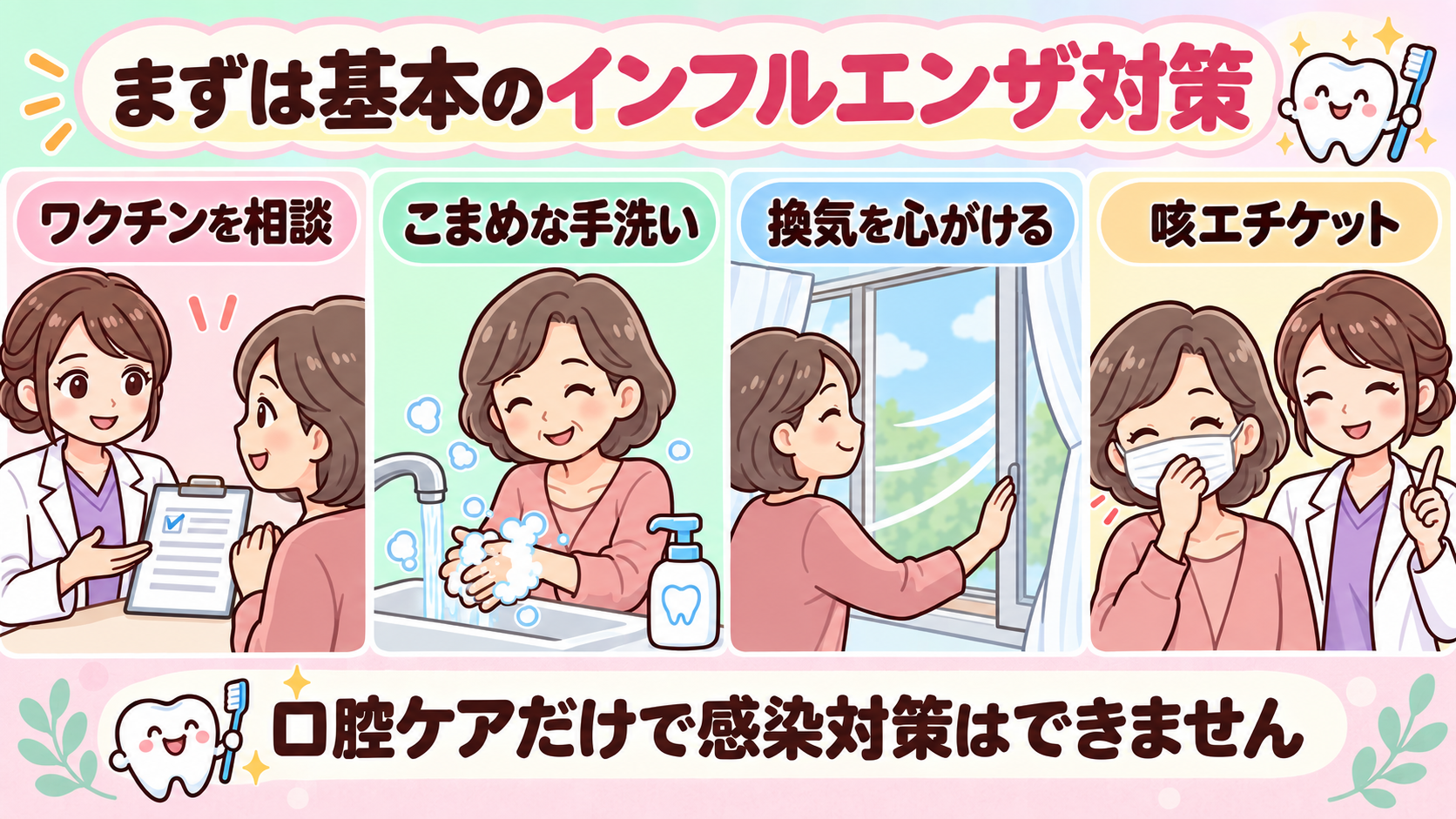 ワクチンを相談、こまめな手洗い、換気、咳エチケット。口腔ケアだけで感染対策はできません。