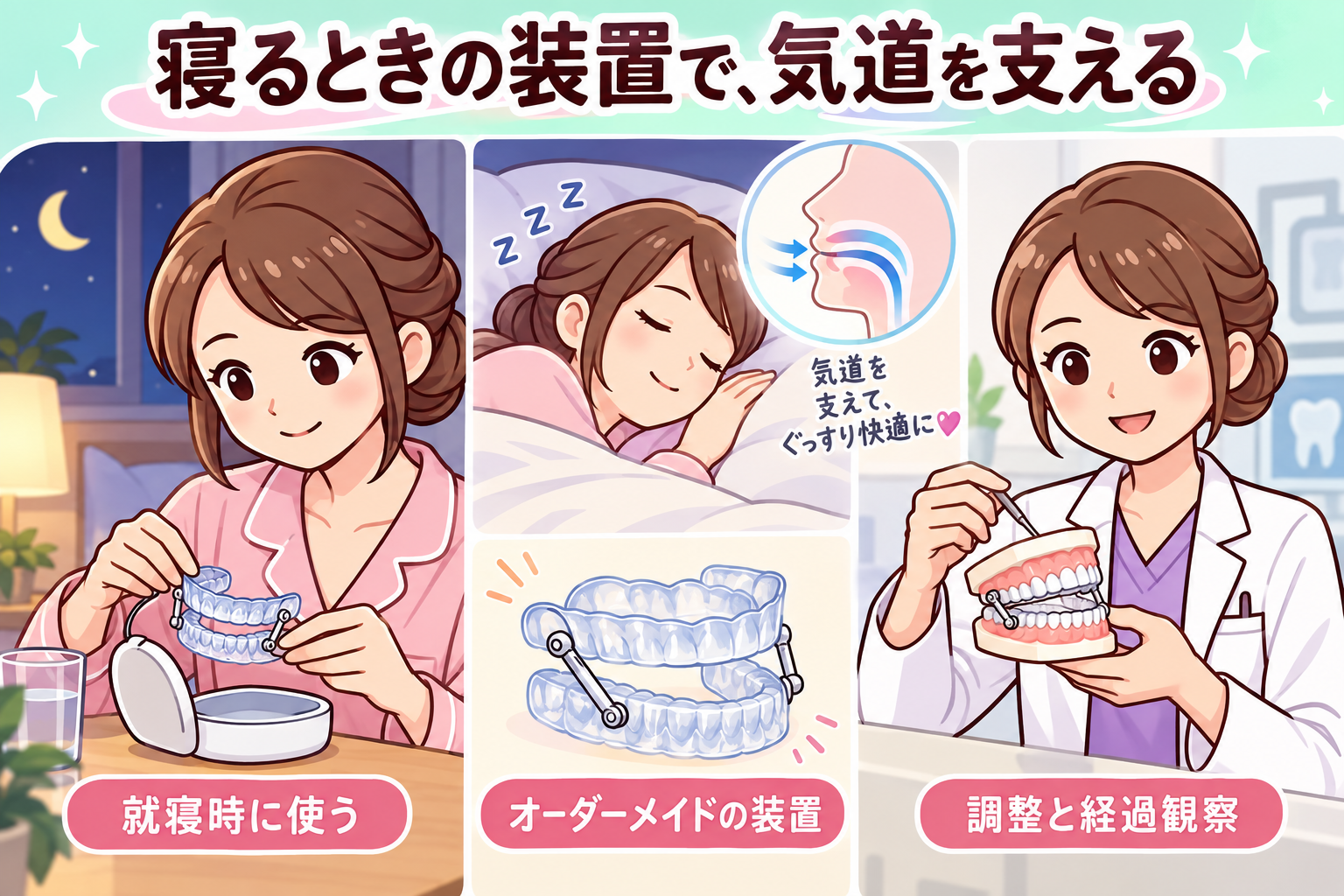 就寝時に使うオーダーメイドの口腔内装置と、調整・経過観察