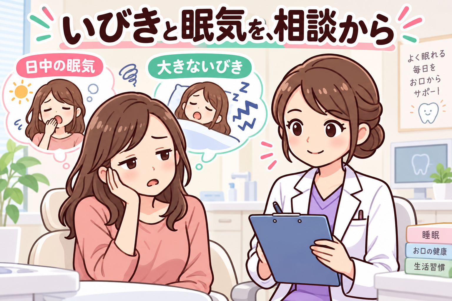 いびきや日中の眠気について、女性歯科医師に相談する成人女性