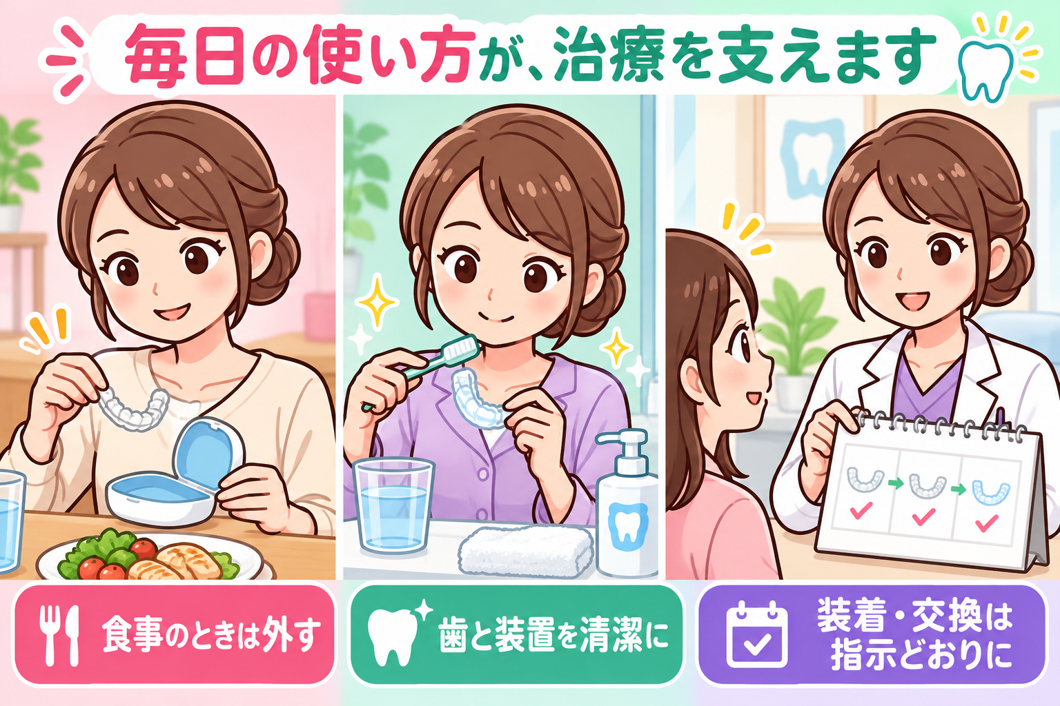 食事で外す、歯と装置を清潔にする、指示された時間装着する、定期的に受診する毎日の管理
