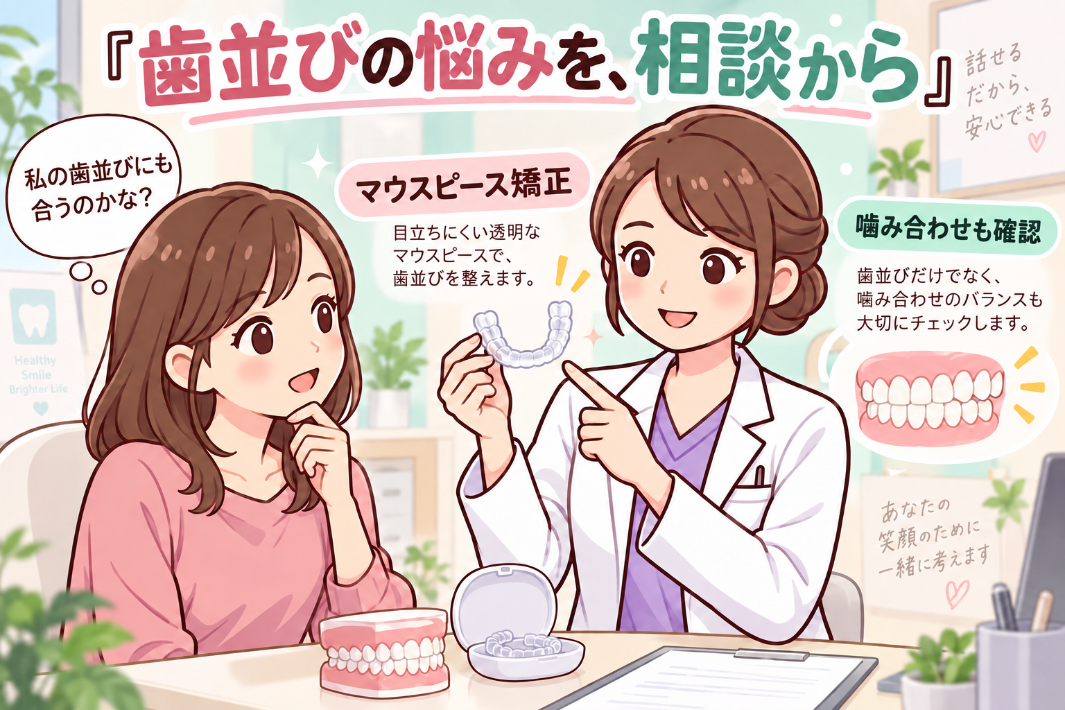 女性歯科医師に歯並びを相談する女性。透明なアライナーと歯の模型を使い、噛み合わせの確認について説明する