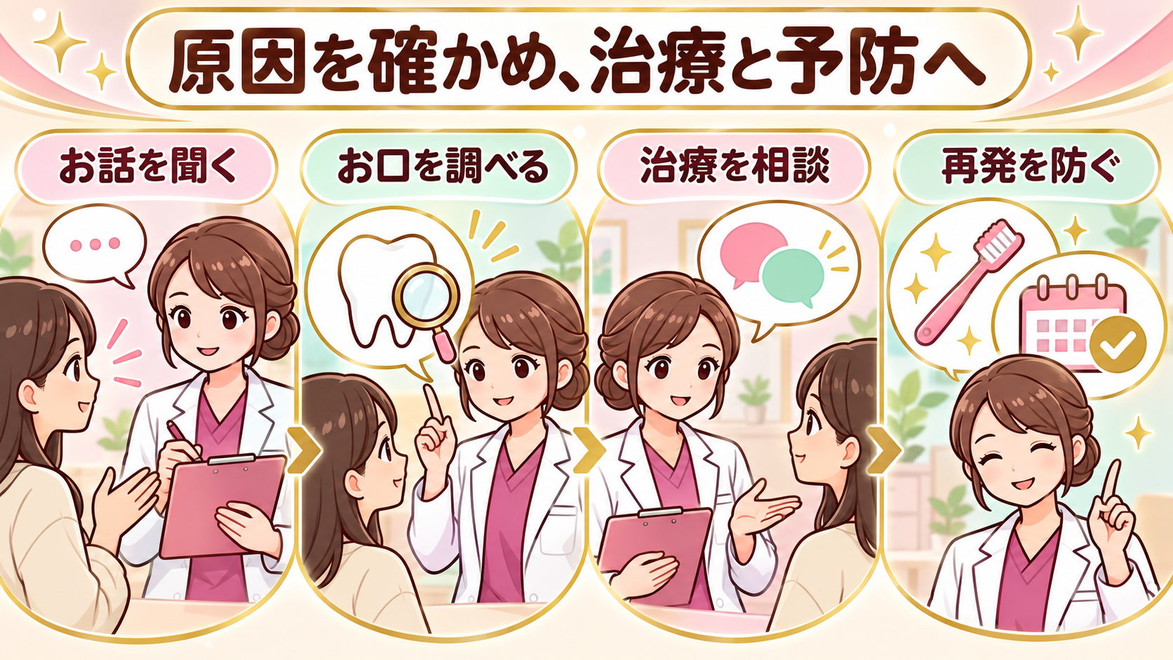 お話を聞く、お口を調べる、治療を相談する、再発を防ぐまでの流れ