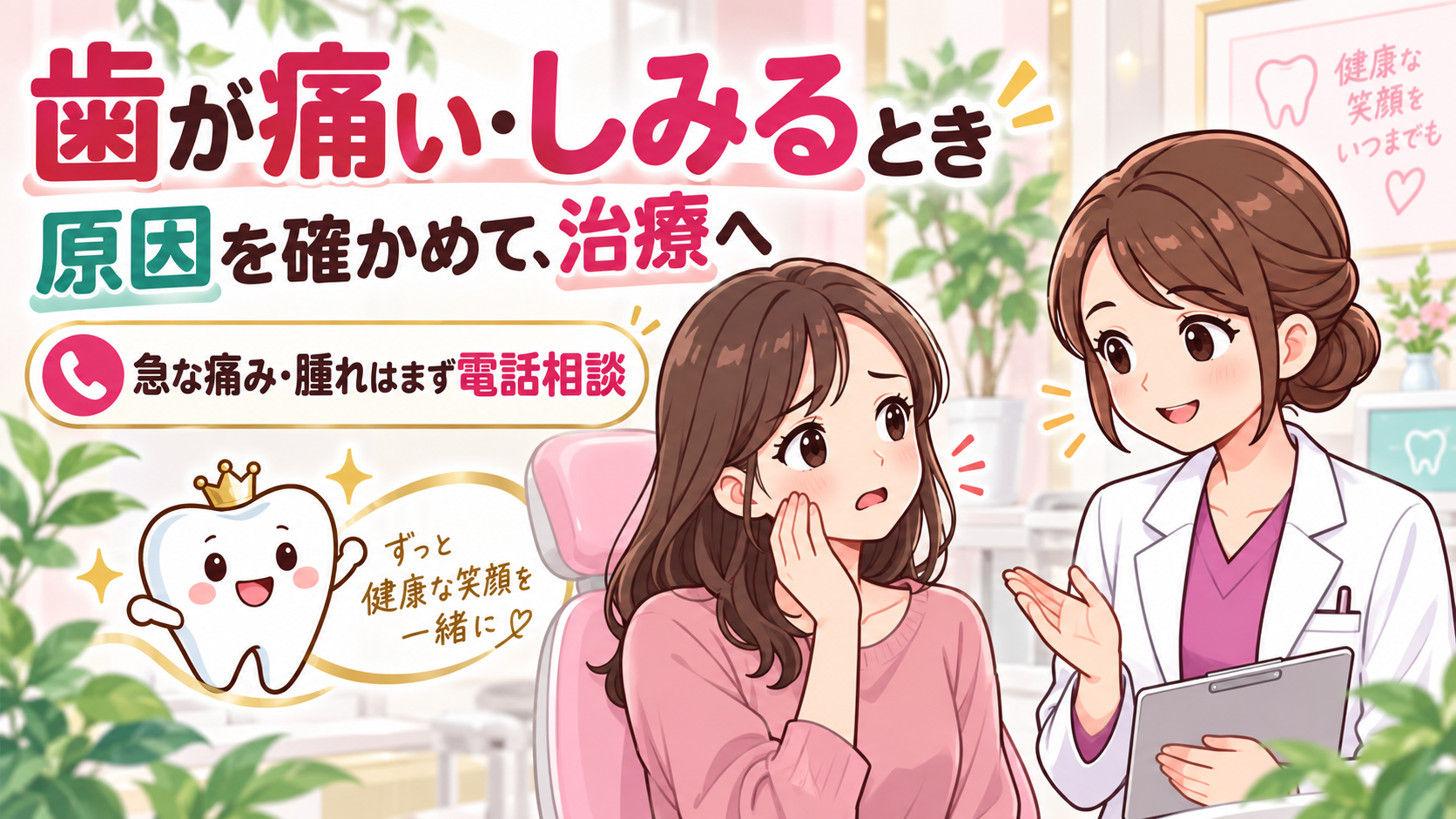 歯の痛みやしみる症状を女性歯科医師に相談する女性